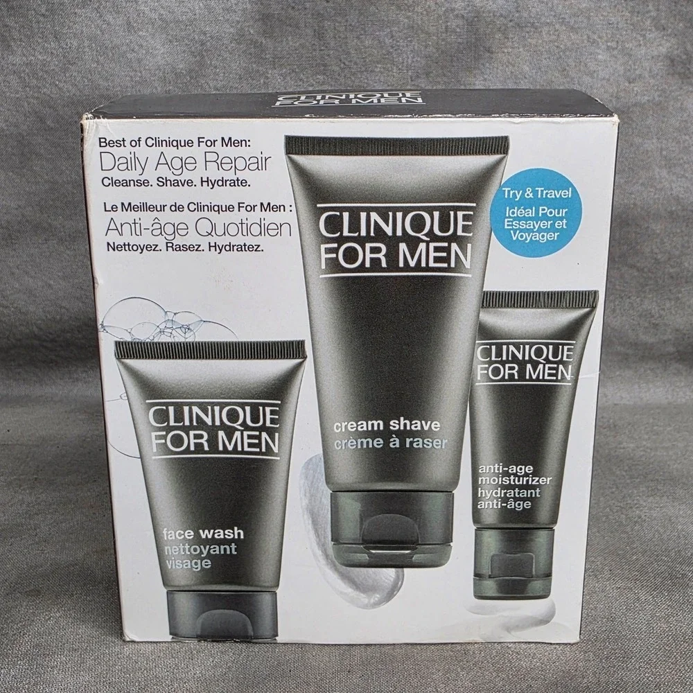 Clinique For Men Daily Repair Kit Anti-Age Moisturizer+Face Wash+Cream Shave NIB